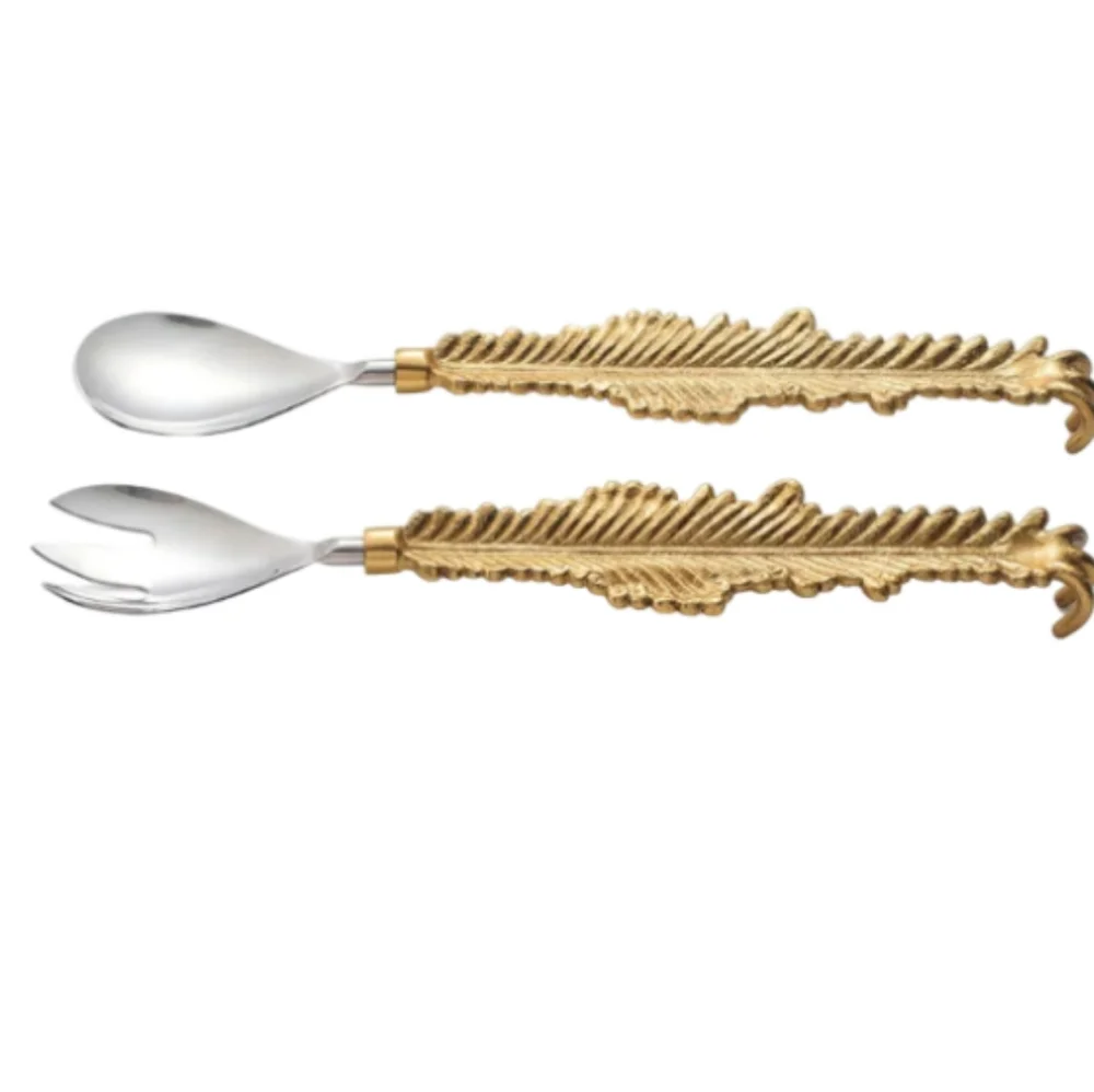 Gute Spoon Fork 2 Pieces Salad Server Gold Feather Leaf Design Set